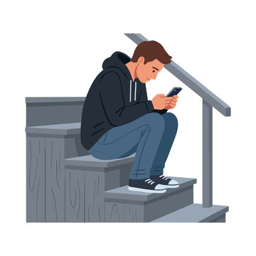 A young man sits on stairs engrossed in his smartphone.
