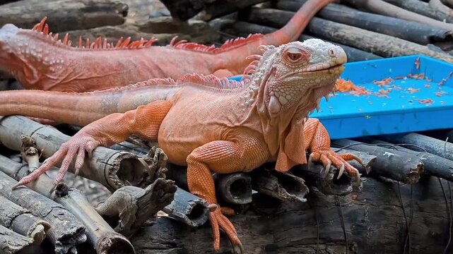 Close up of an iguana perched on wooden logs
