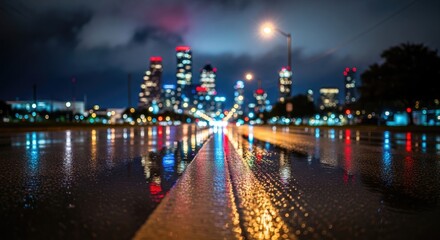 Obraz premium Vibrant Cityscape Reflections on Wet Pavement at Night with Full Moon.
