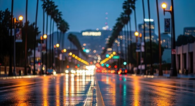 Hollywood Boulevard at Dusk with Iconic Sign and Wet Street Reflections.