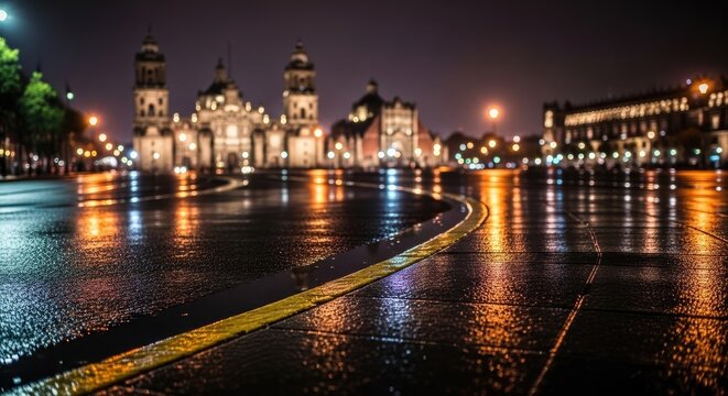 Puebla Cathedral and Zocalo at Night after Rain, Illuminated Cityscape with Wet Pavement Reflections.
