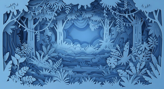 Serene Jungle Paper Art: Intricate layers of paper come together to form a mesmerizing jungle scene, with lush foliage, towering trees, and a sense of depth and tranquility.