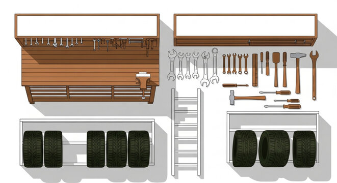Top View Garage Tools Vector Set with Toolboxes Workbenches Ladders Tires Shelves and Repair Equipment for Workshop Layouts