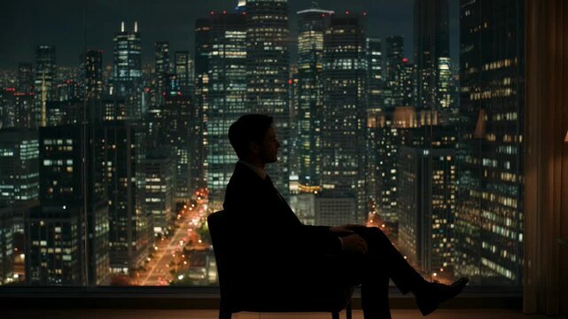 Solitude and Success A Businessman Reflecting on the Vast Illuminated Metropolis From a Luxurious High Rise Vantage Point at Night