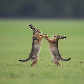 Two wild hares boxing in a green field during mating season.