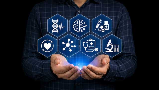 Healthcare Technology Icons with DNA Analysis AI Brain Medical Treatment Diagnostics and Laboratory Research Concept