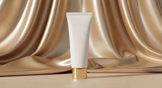 Elegant tube of skincare product displayed on a textured gold background