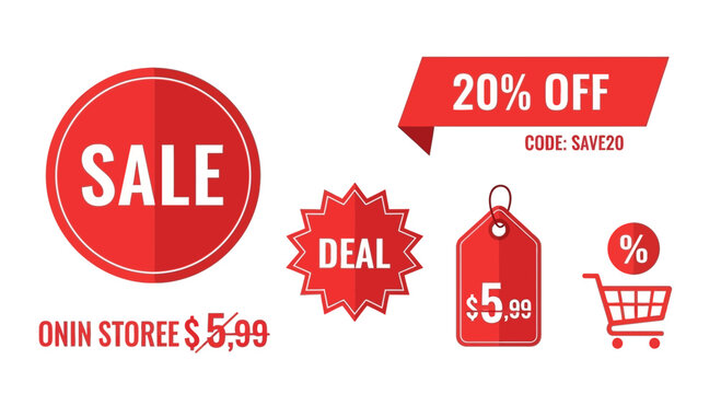 Red sale badges and price tags collection for commercial promotions