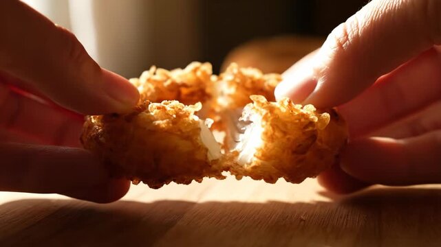 Golden brown donut fritter placed on a rustic wooden board, illuminated by soft natural light for delicious breakfast photography.