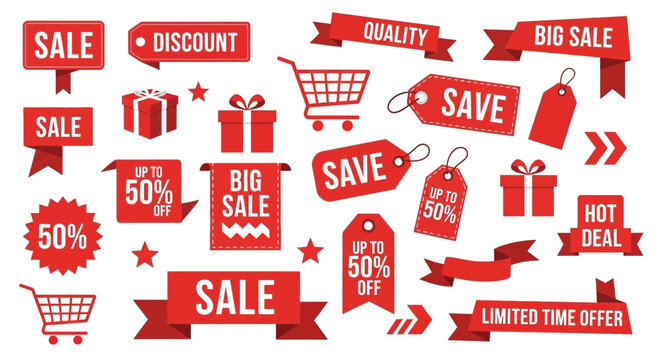 Red sale banners and discount tags isolated on white background