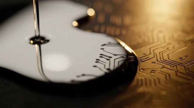 Detailed macro view of an electronic PCB with a metallic probe, symbolizing scientific innovation and digital connectivity.