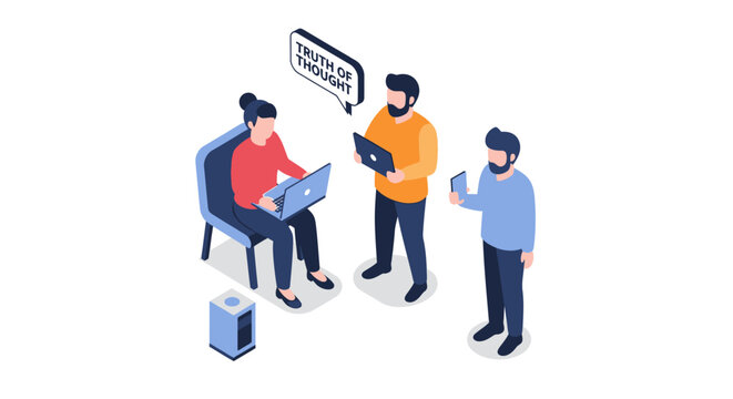 Isometric Illustration of People Discussing Ideas and Truthful Thoughts.