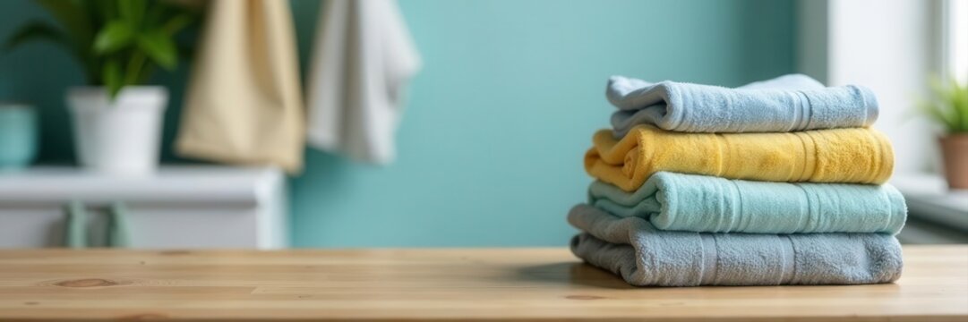 Blank wood surface, folded towels, laundry room setting, empty, surface, linen