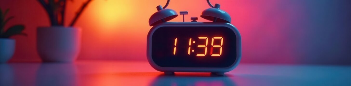 Sleek digital alarm clock, vibrant background, sunset, morning, blue