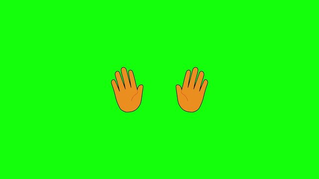 A 2D cartoon-style motion video of two orange hands on a bright green background, smoothly rotating to show the front palm side and back side. Clean black outlines, centered composition.