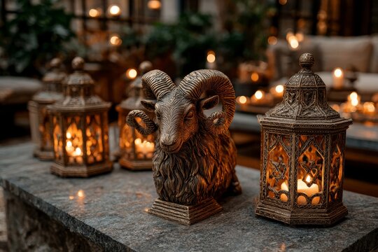Rustic stone ram statue figurine sitting between two decorative glowing lanterns on stone mantle with soft bokeh background and warm candlelight for spiritual ambiance