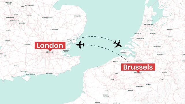 Air travel animation video clip showing flights between London and Brussels