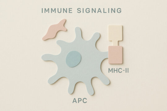 Soft pastel medical illustration of immune signaling. clear immunology diagram shows an antigen presenting cell with simplified block form, showing calm and educational concept