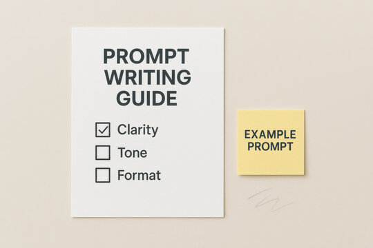 Helpful prompt writing guide with tips on clarity, tone, and format. An example prompt on sticky note offers clean and simple top view on neutral background for learning