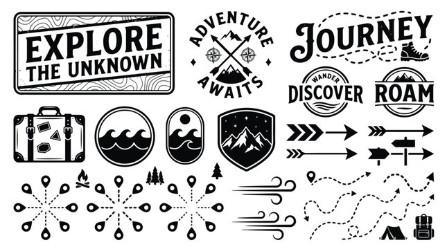 Adventure and travel icon set, explore the unknown, adventure awaits, journey, discover, roam badges, vintage camping symbols, mountain, suitcase, backpack, tent, waves, map pin, arrows, outdoor logo
