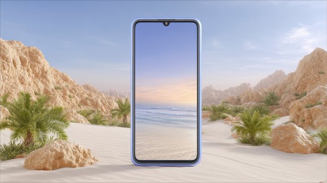Modern smartphone device standing upright on pristine white sand beach with rocky desert cliffs