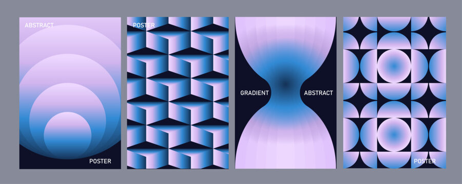 Modern minimalist geometric abstract poster set with futuristic 3D cubes, hourglass form, radiating circular shapes in blue and purple gradient
