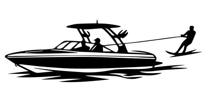 Silhouette of a Modern Speedboat Pulling a Water Skier, Summer Water Sports Vector Illustration