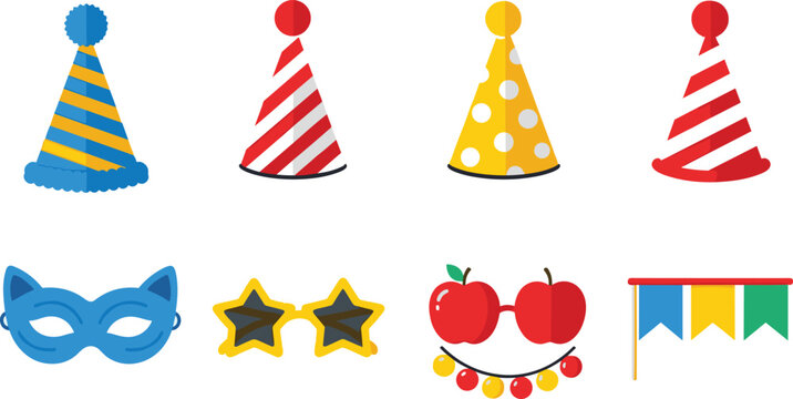 Colorful party elements set including hats mask stars apples garland festive celebration vector illustration isolated birthday carnival decoration collection design
