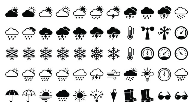 Weather icon set, meteorology symbols collection, sun, cloud, rain, lightning, snow icons, thermometer, wind gauge, barometer signs, climate forecasting vector graphics, weather app UI elements