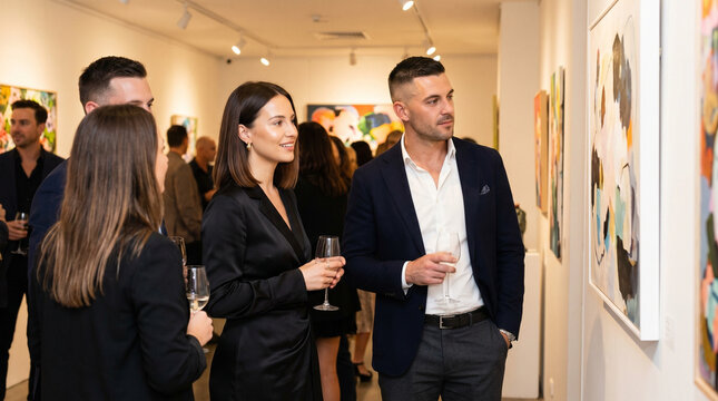 Young adults enjoying art gallery opening while holding wine glasses  