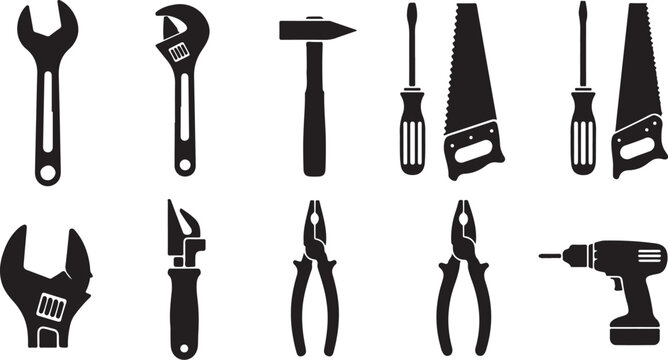 Collection of various black hand tools icons set