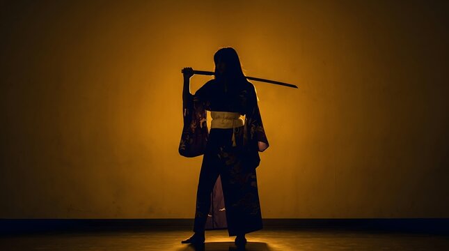 Silhouette of an ancient samurai warrior standing proudly in the dark