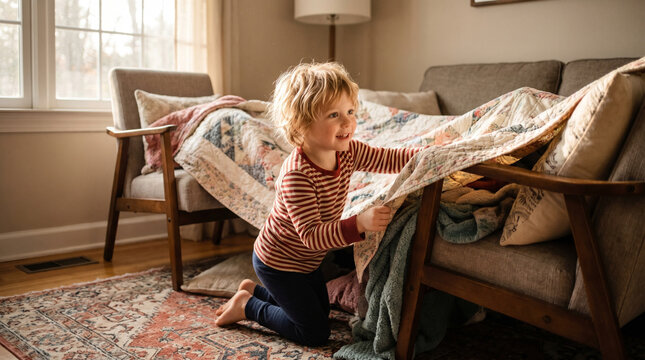 Young child building blanket fort in cozy living room  