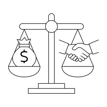 Business value balance scale with money bag and handshake for fair trade and partnership.Editable stroke, Vector illustration, Line art Icon, Symbols.