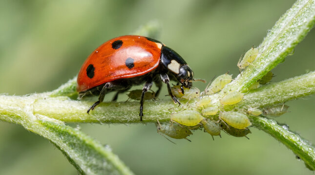 Ladybug eating aphids on herb stem in natural environment  