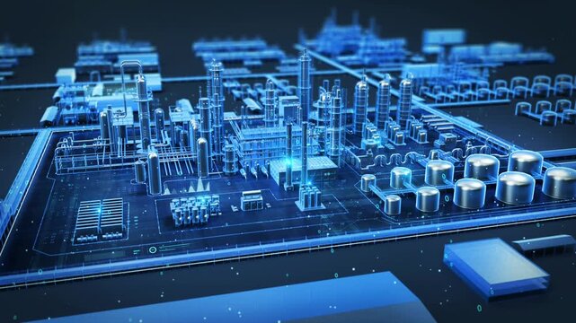 High tech virtualized holographic digital factory, a glowing blue digital model of an industrial complex, with towers, tanks, and data overlays, represents a smart, automated manufacturing facility.