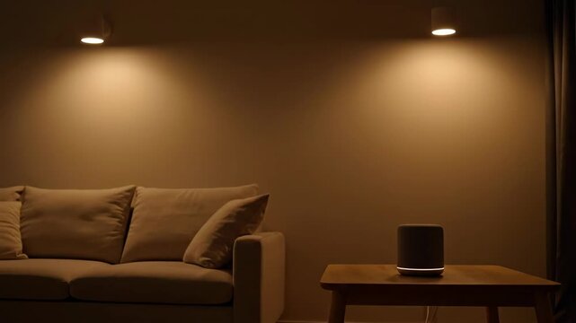 Modern minimalist empty living room interior design featuring a plush gray sofa and wooden side table, perfect for staging concepts.