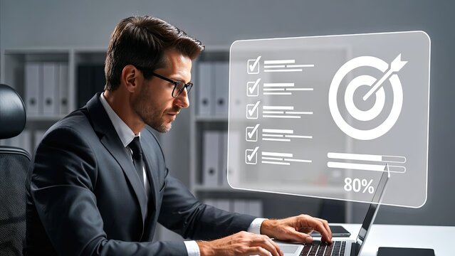 Goal-oriented businessman employs digital checklist in professional office environment