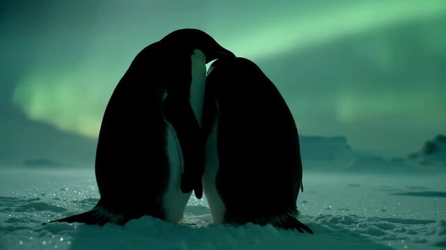 Two penguins huddle closely on Antarctic ice under the magical glow of the Northern Lights and aurora borealis.