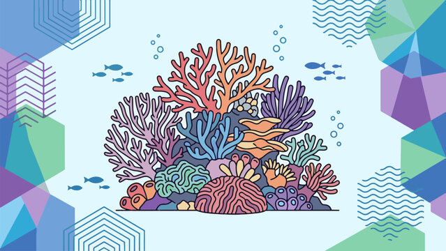A colorful underwater coral reef illustration with various marine life and geometric patterns in a vibrant setting.