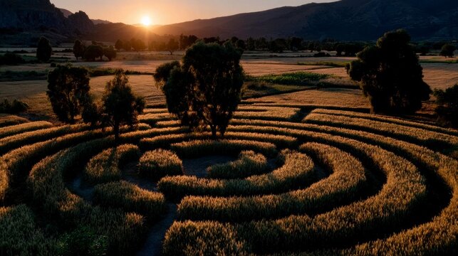 Golden wheat field labyrinth maze at sunset with tall trees and mountain range horizon in beautiful rural landscape photography during golden hour light