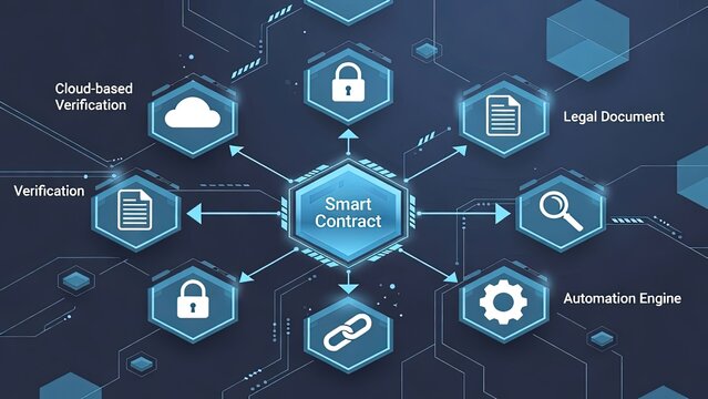 Smart contract automation in blockchain transactions digital environment infographic view