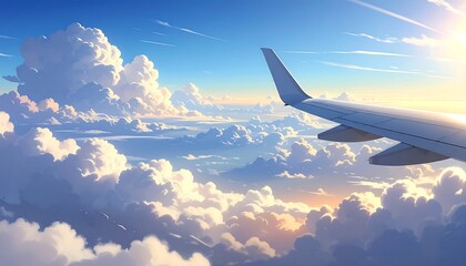 Obraz premium Animated view from airplane window, sunlit clouds and bright sky. Wing's edge and sun create dynamic composition