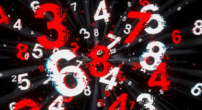 Abstract chaotic explosion of red and white digital numbers with glitch effect on black background representing data overload