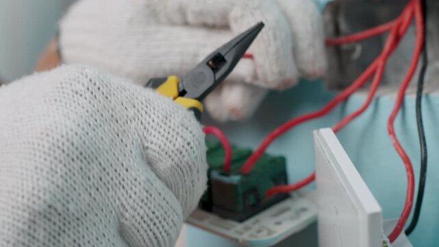 Technician uses pliers to cut the copper wire to installing modern switch, touch or smart phone-controlled on-off light, Smart Home.