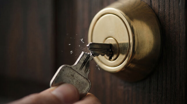 Broken key stuck in brass door lock, close up macro cinematic shot showing frustration and security issue at home entrance