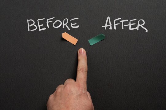 Hand pointing between before and after options illustrating transformation, improvement and progress from previous state to better outcome.