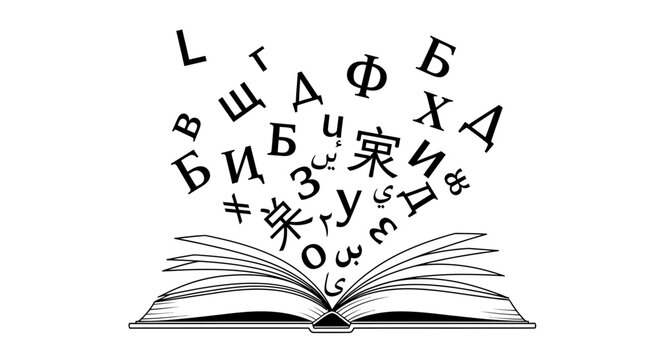 Hand-drawn open book with cyrillic alphabet and educational symbols for learning and literacy concepts
