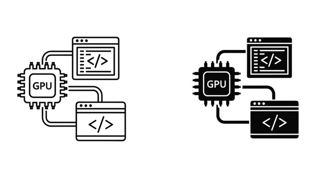 Graphic design elements of gpu and computer browser windows with coding symbols on white background