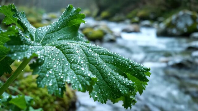 Close-up of a green leaf with water droplets near a flowing river.